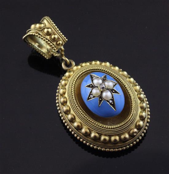 A Victorian gold, enamel, split pearl and rose cut diamond set oval pendant locket, overall 2in.